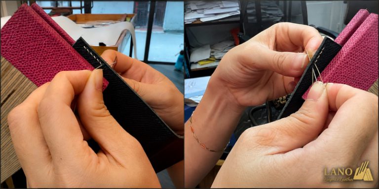 Cận cảnh hướng nghiêng của mũi Saddle Stitch ở hai mặt da